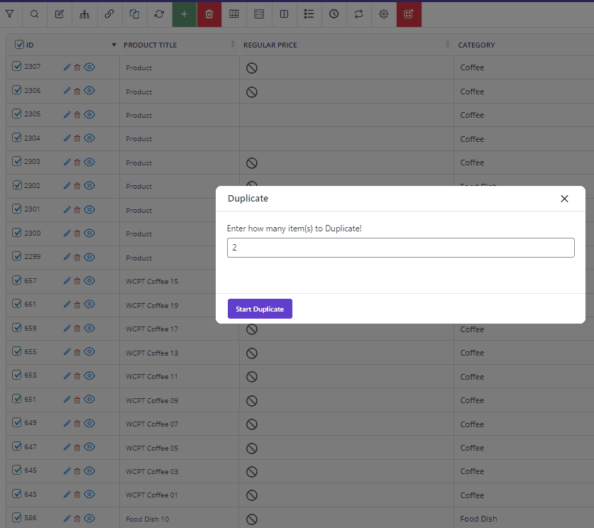 select two duplicate for all products WooCommerce