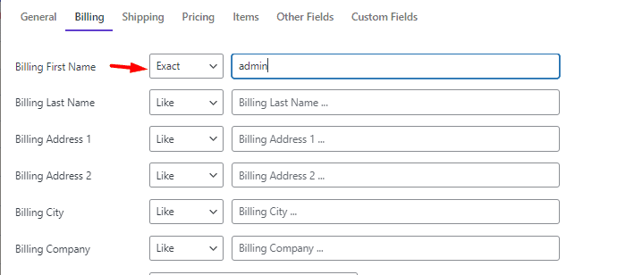 select admin for billing first name field in billing tab filter form