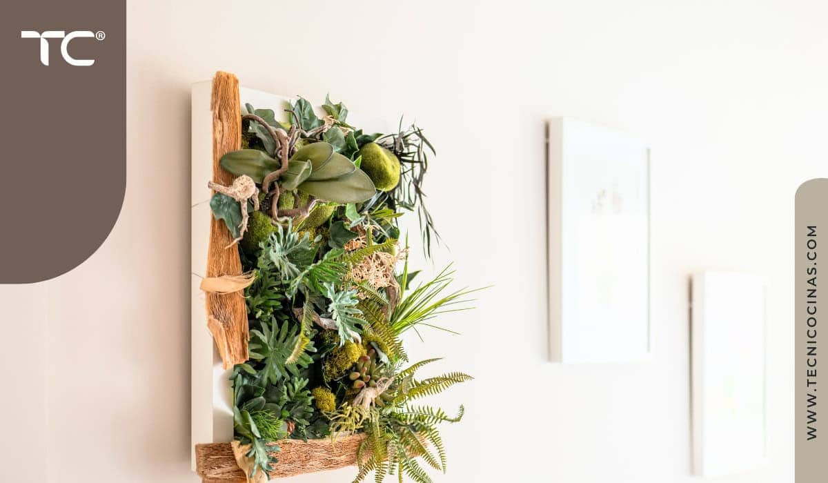 Cuadro decorativo con vegetación artificial tipo jardín vertical en pared interior