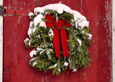 Christmas Wreath on Red Barn Door, Fresh Snow