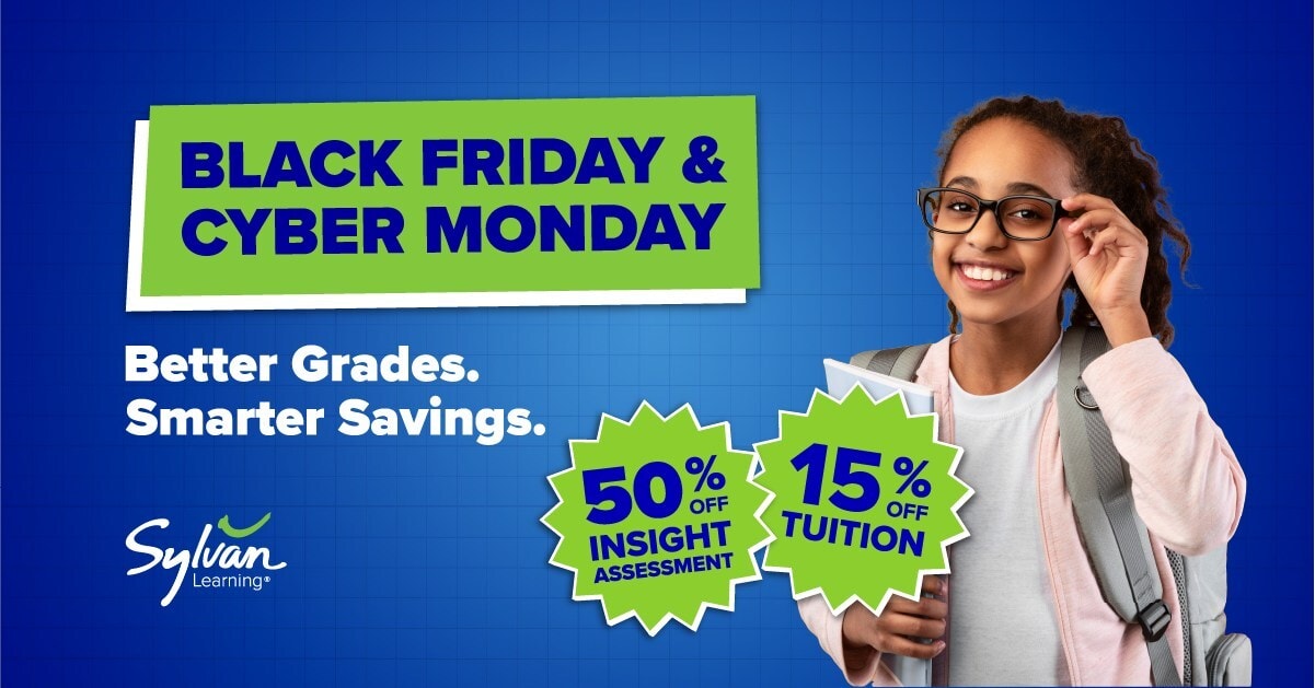 Smiling student wearing glasses with promotional Black Friday and Cyber Monday savings text