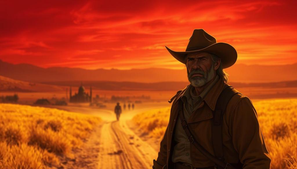 A sprawling, cinematic landscape in the American West, bathed in warm, golden light. In the foreground, a rugged cowboy stands amidst a dusty trail, his weathered face etched with moral resolve. The faint silhouette of a town in the distance, its buildings cast in deep, dramatic shadows. The sky is a vivid crimson, hinting at the complex choices that lie ahead. A sense of tension and melancholy permeates the scene, reflecting the weight of the protagonist's decisions between honor and lawlessness. Highly detailed, photorealistic rendering with a cinematic depth of field. A sprawling, cinematic landscape in the American West, bathed in warm, golden light. In the foreground, a rugged cowboy stands amidst a dusty trail, his weathered face etched with moral resolve. The faint silhouette of a town in the distance, its buildings cast in deep, dramatic shadows. The sky is a vivid crimson, hinting at the complex choices that lie ahead. A sense of tension and melancholy permeates the scene, reflecting the weight of the protagonist's decisions between honor and lawlessness. Highly detailed, photorealistic rendering with a cinematic depth of field.