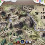 Tapis de jeu de rôle adapté aux jeux de société fantastiques représentant la région des collines de Shamutanti, avec montagnes, rivières, et lieux clés comme la Waterfall Crystal et le Jabar River.