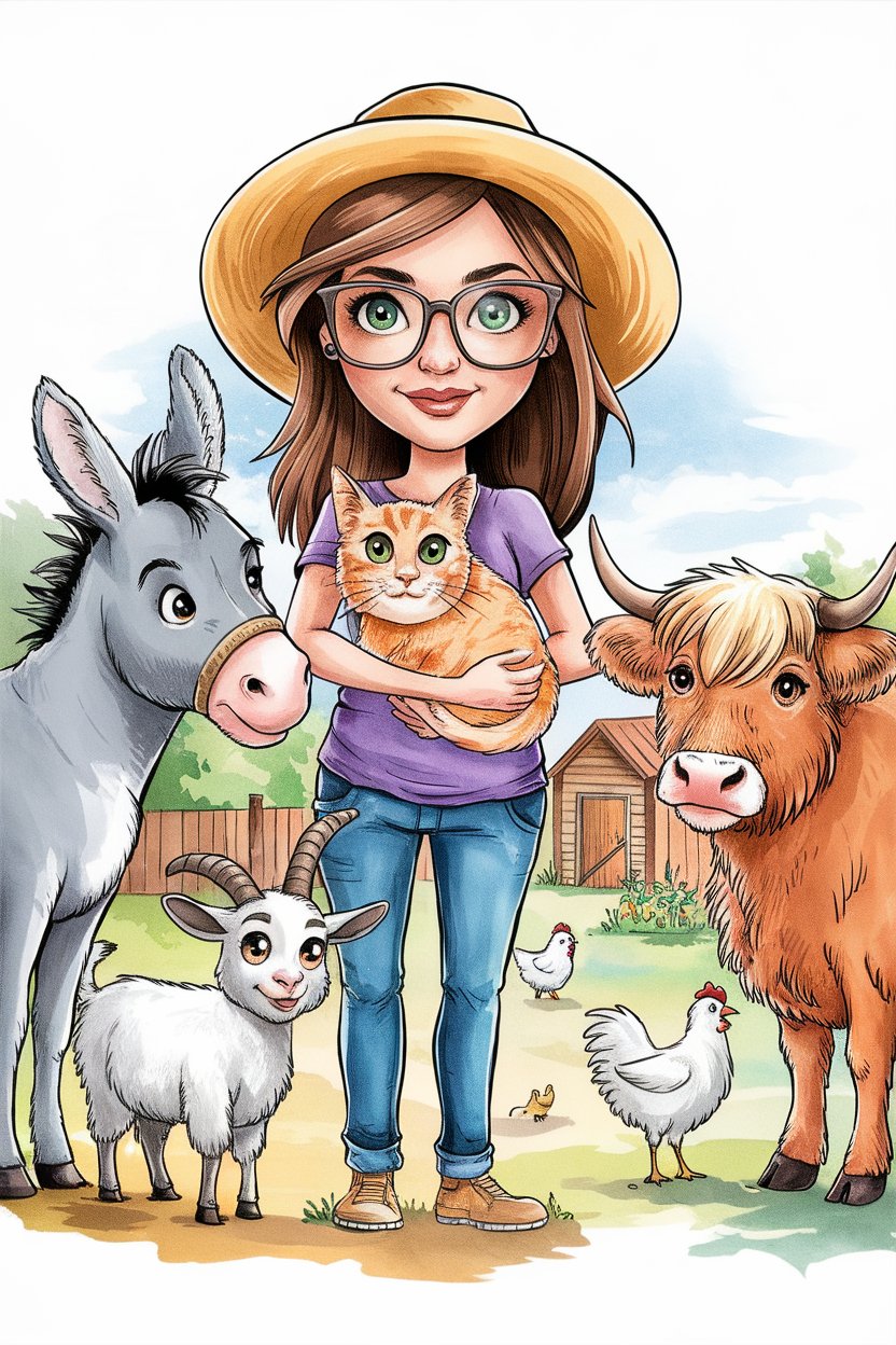 a woman wearing a sun hat, tshirt and jeans holding a cat. There are animals standing around the woman. A goat, a chicken, a cow and a donkey. the background is a small homestead