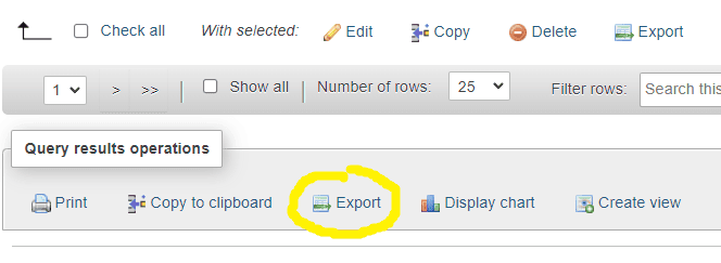 select export button-in query results operations section