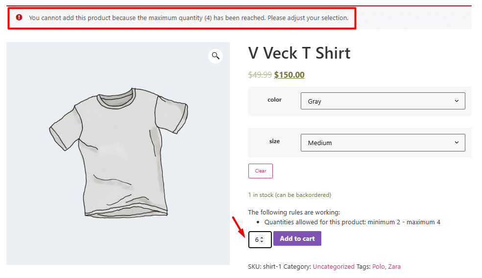 Notification shows when product has reached the limit