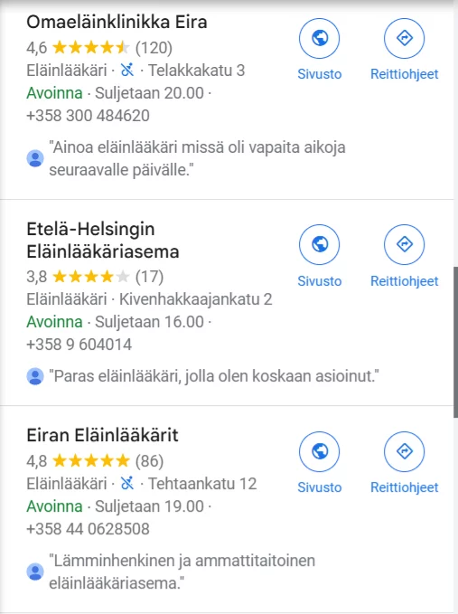 Miksi Google-arvostelut ovat tärkeitä yrityksille? Koska asiakas valitsee palvelunsa arvioiden perusteella.
Kuvassa kolme yritystä. Yhdellä arviot huonot ja tarvitsee lisää arvioita Googleen. Kahdella useita arvioita ja hyvät - asiakas valitsee todennäköisesti heidät!