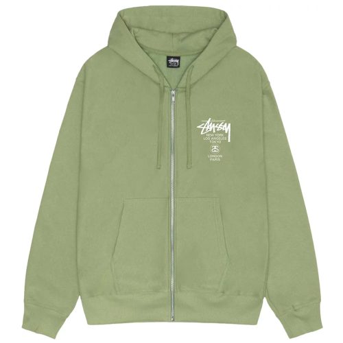 Mens Stussy World Tour Zip Hoodie in Moss Green UK Outlet at SEIKK