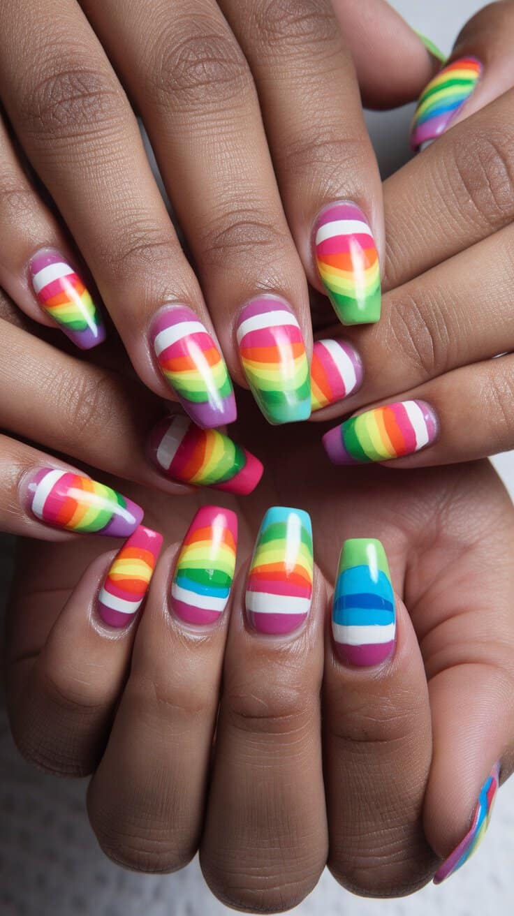 Colorful rainbow striped coffin nail designs for Easter