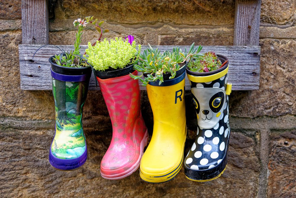 Gummistiefel als Pflanzenübertopf