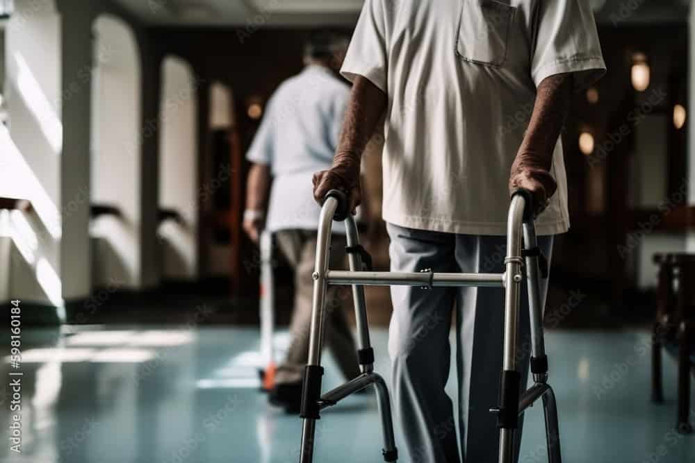 Detail of an old man, admitted to a residence, leans on a walker to walk. Ai generated.