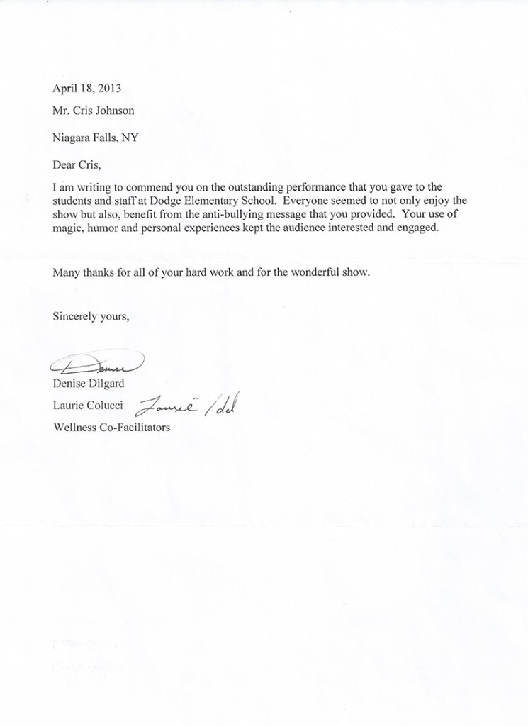 testimonial letter for primary elementary and middle school assembly performer Cris Johnson