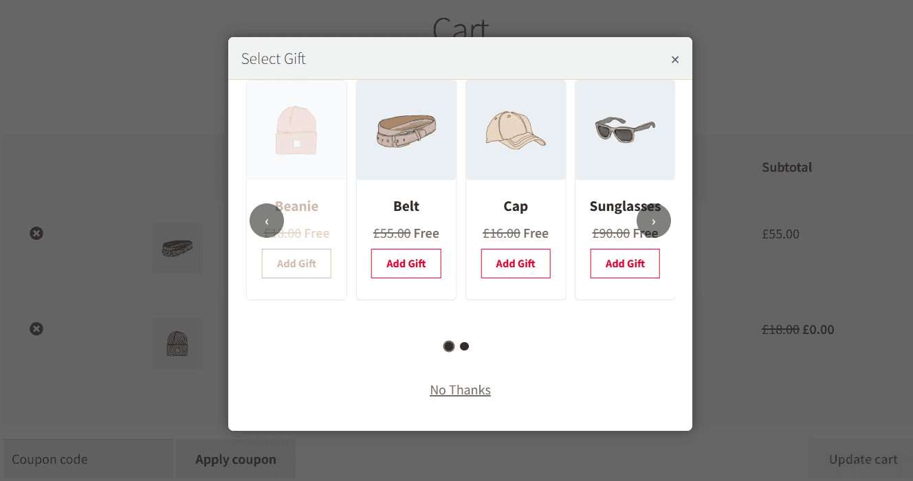 Display free gifts as popup in cart page