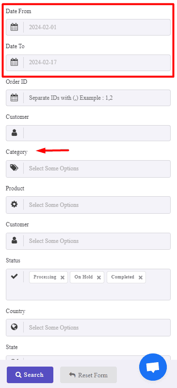 set orders date range in filter form