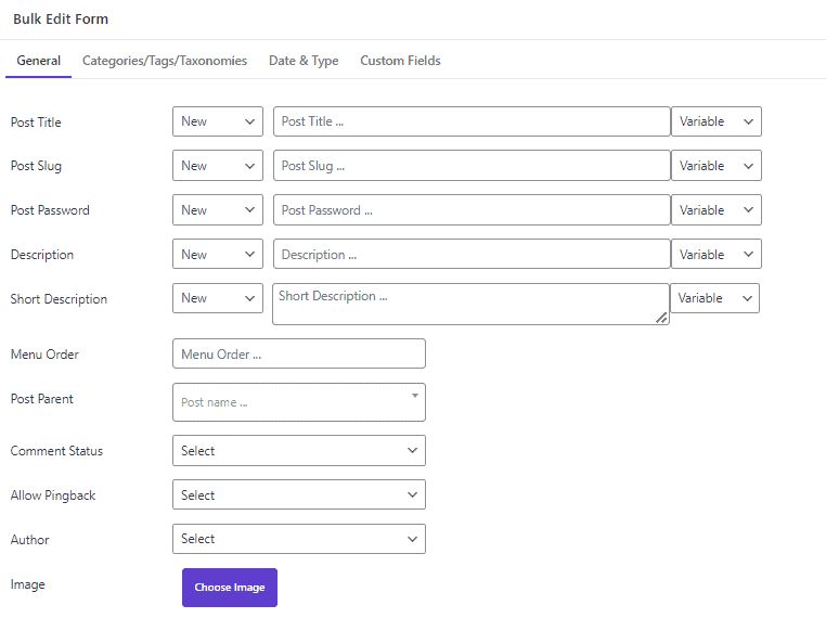 Bulk edit form in WordPress bulk edit posts/pages plugin