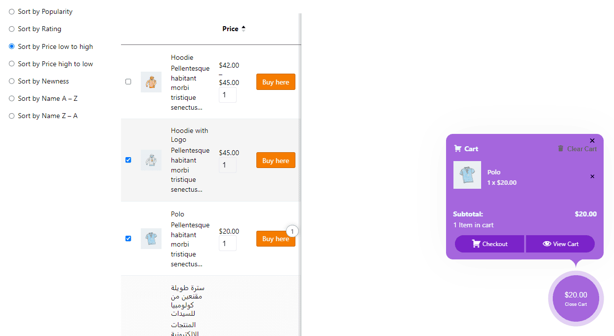 mini cart result in WooCommerce Table Plugin