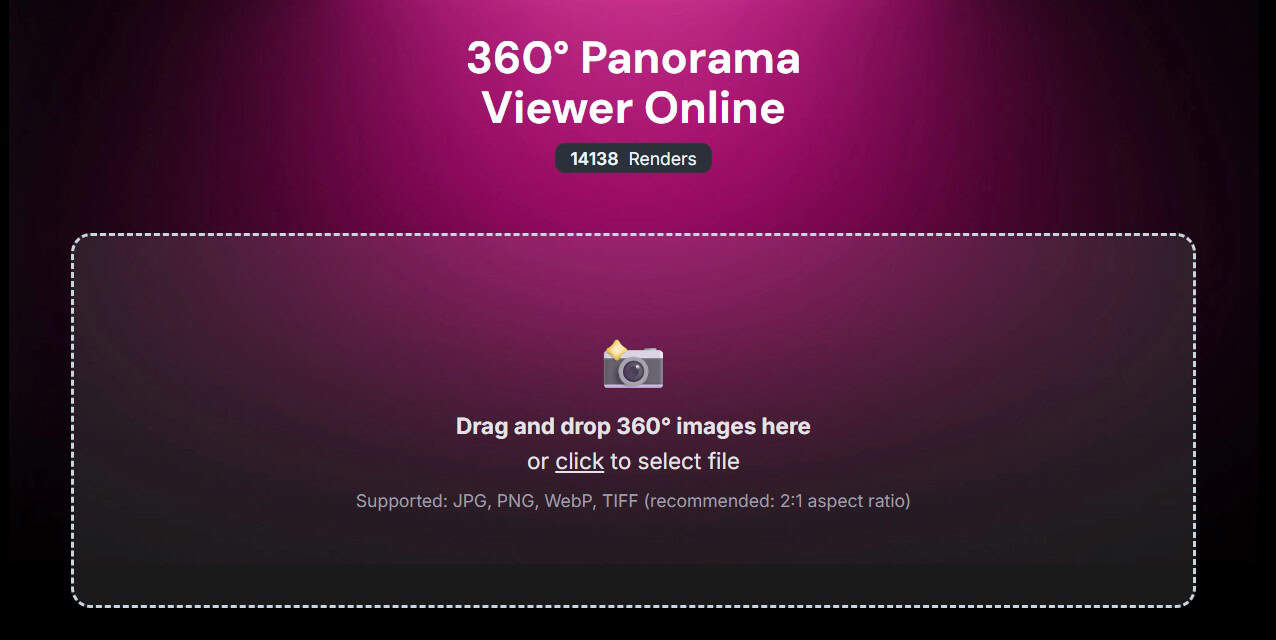 The Ultimate Guide to Viewing 360 Panoramas Online (No App Required) 1 Step 1.1 - User interface showing the drag-and-drop area for uploading a 360 panorama image.