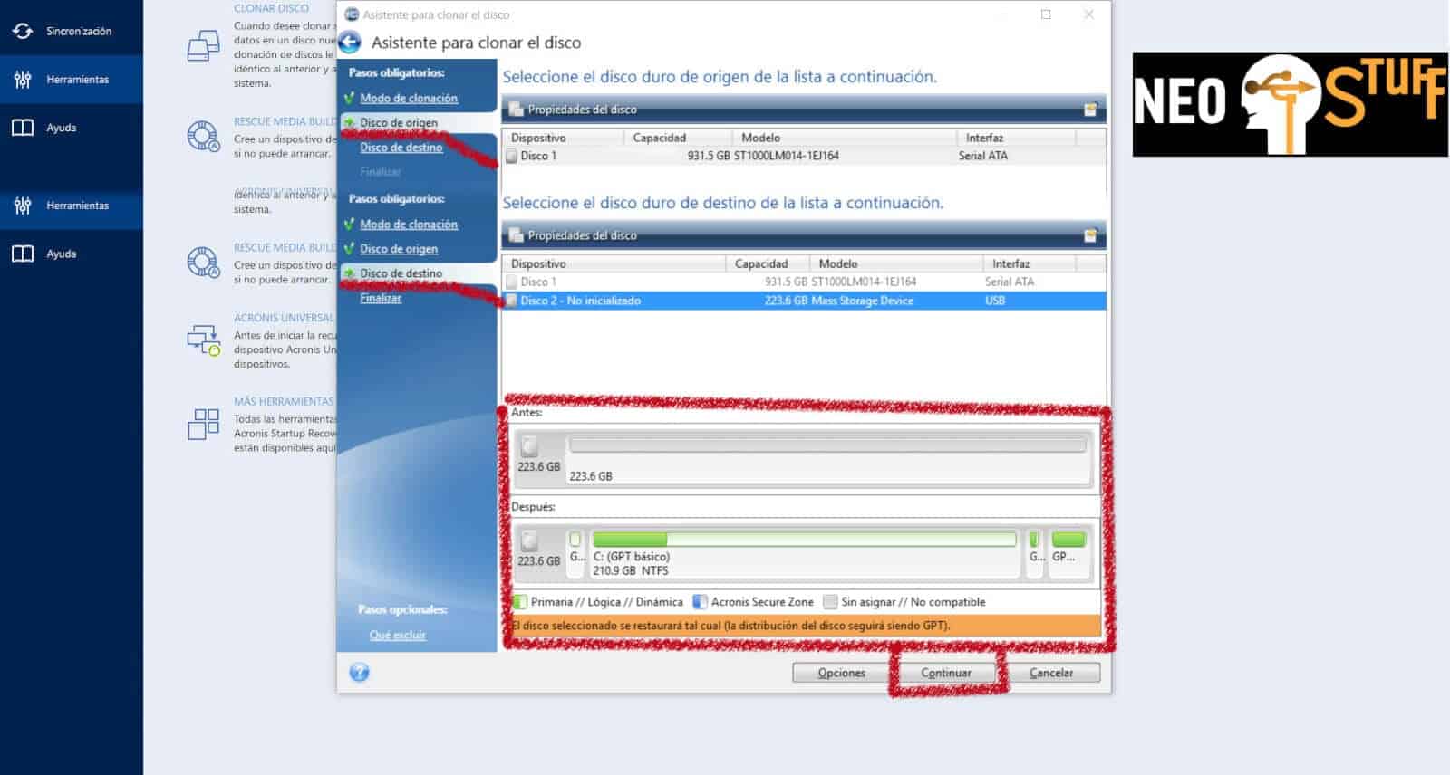 asistente para clonar disco acronis origen destino
