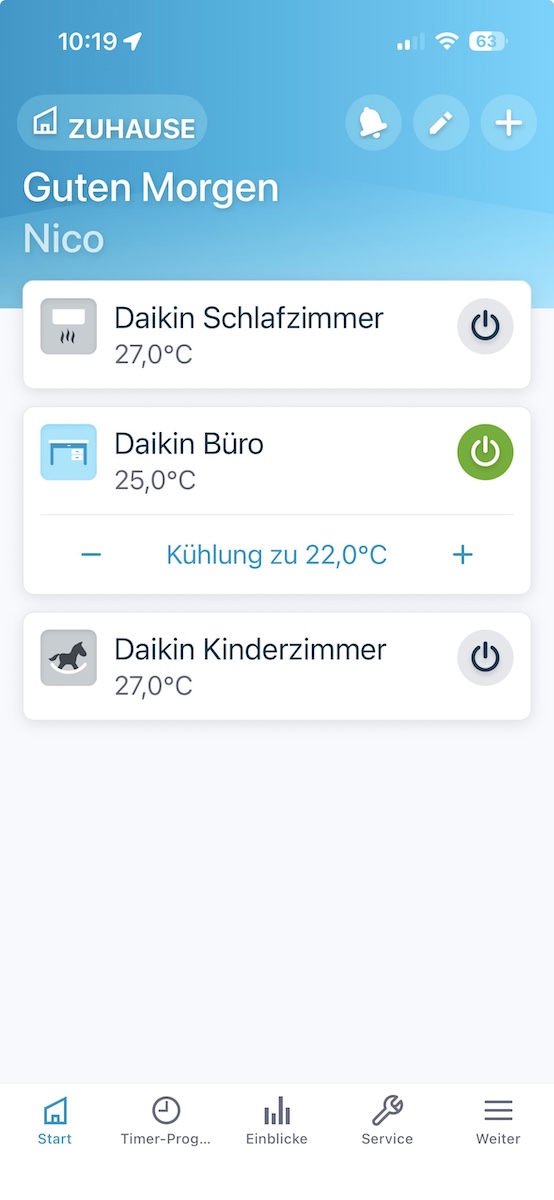 Startbildschirm der Daikin Onecta App mit drei Räumen und ihren aktuellen Temperaturen