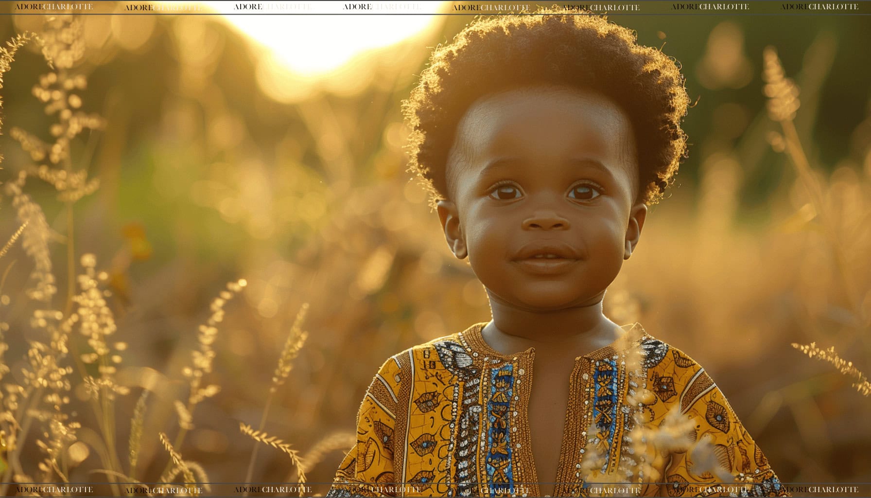 Stunning black boy in a field of flowers at sunset wearing African print clothes