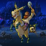 Un héros chevalier médiéval chevauche une licorne dans une scène nocturne fantastique avec château, phare et forêt, illustrant un univers de jeux vidéo d'aventure et d'action.