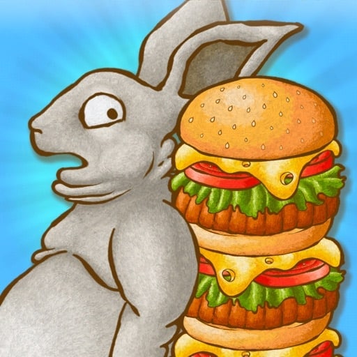 Femelle lapin dessinée avec une texture artistique, à côté d’un burger généreux avec de la laitue, des tomates et des fromages fondants, illustrant une scène imaginative et ludique.