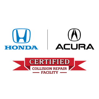 Honda and Acura logos above a red ribbon with the text "Certified Collision Repair Facility.