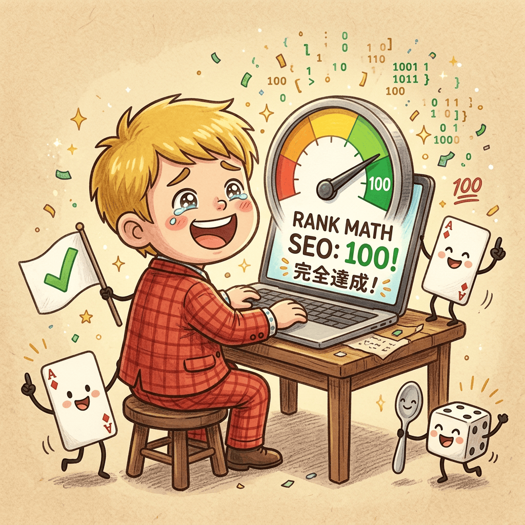 VSCode×Claude Codeで「ブログ執筆→画像生成→SEO設定→WordPress投稿」を全自動化した話。もうWordPressの管理画面を開く必要がない 4 Rank Math SEOスコアが自動で100点に到達。感動するマジシャンの前でスコアメーターが飛び出し、擬人化トランプがチェックマーク旗を振るチビキャラ風イラスト