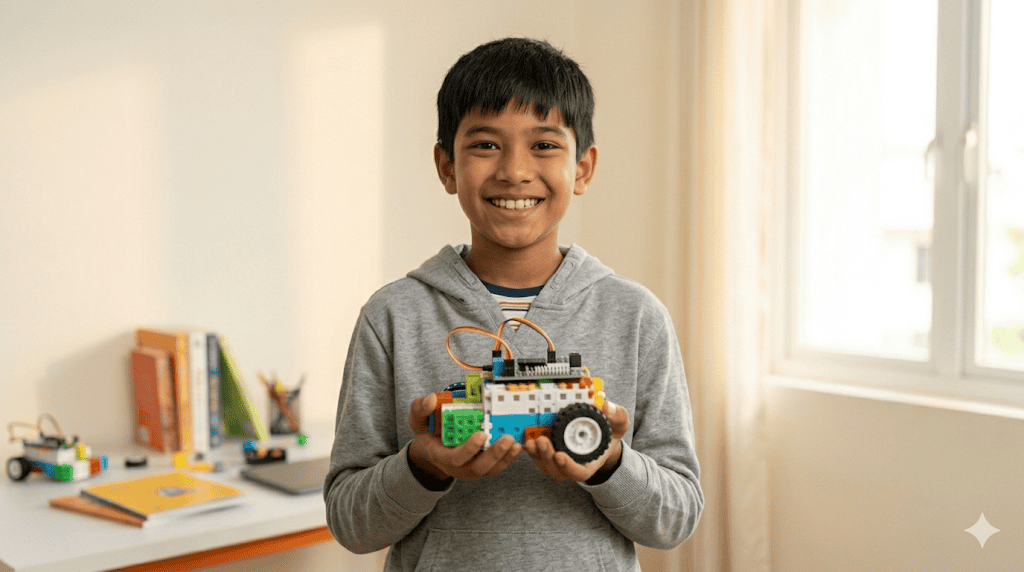 Child holding a self-built robot from a summer robotics program for kids