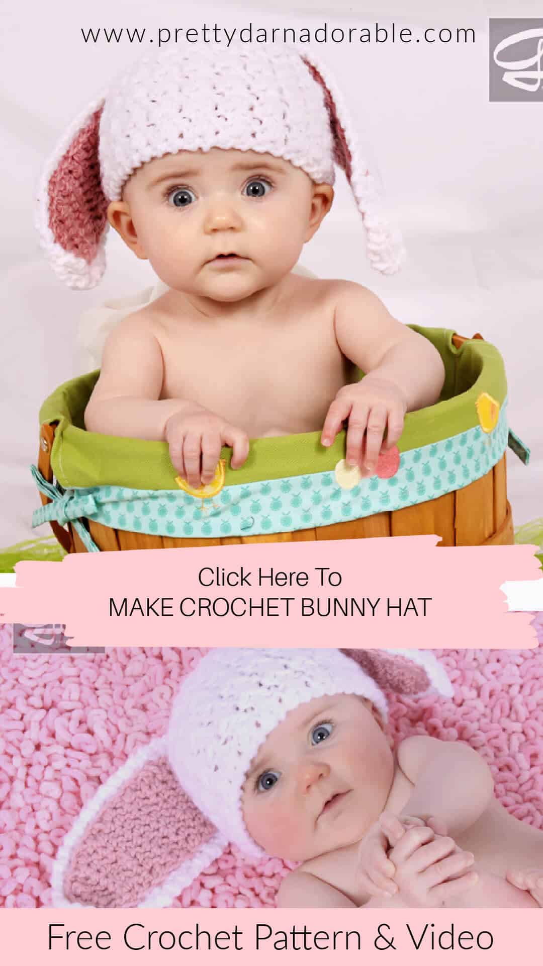 baby wearing crochet bunny hat white with pink background