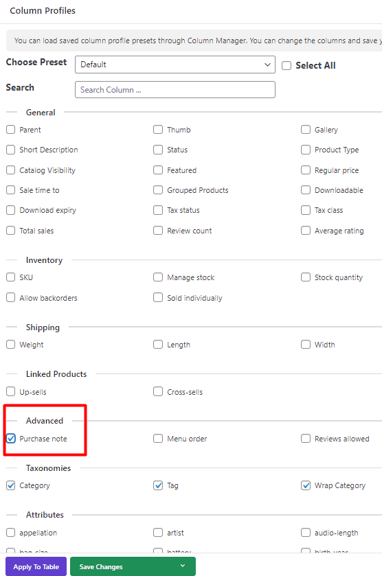 add purchase note column