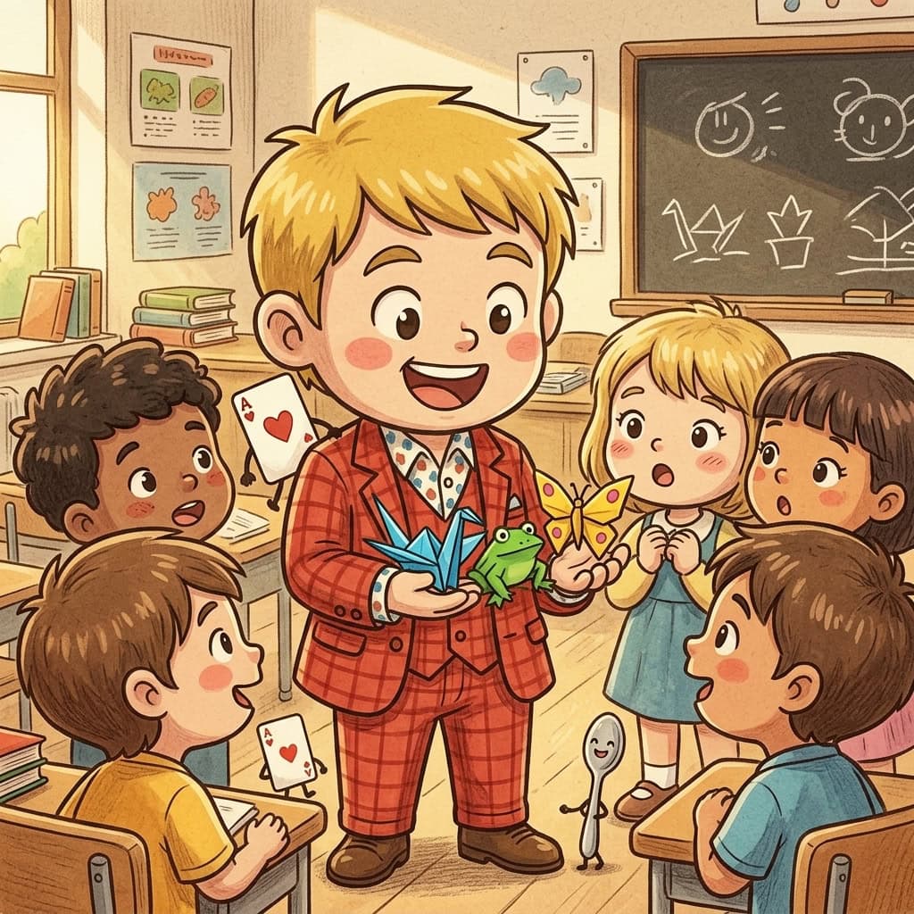 「すぐやる」を決めたら妻の機嫌が良くなった話と、折り紙マジックで見つけた子どもたちの新しい一面 1 マジシャンコンプレッサーが学童保育で子どもたちに折り紙マジックを見せているイラスト