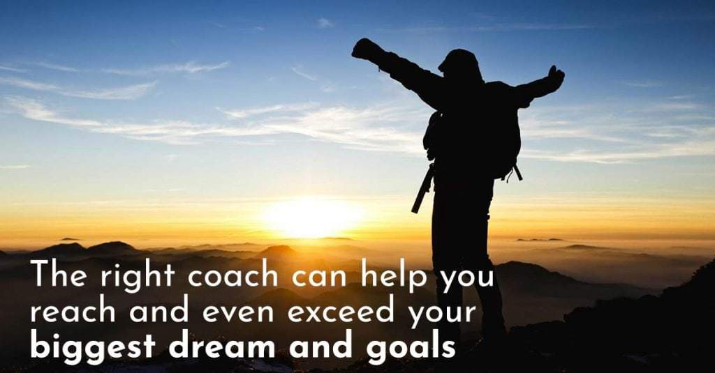 A person with a backpack stands on a mountain summit at sunrise, arms raised. Text reads: "The right coach can help you reach and even exceed your biggest dream and goals.