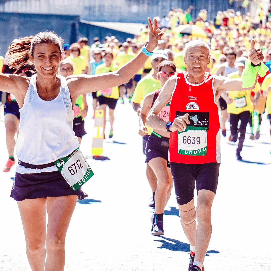 Cheerful marathon runners in sunny race.