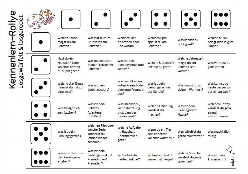 Kennenlernspiel mit Würfel zum Ausdrucken für Kinder und Jugendliche, gratis Vorlage