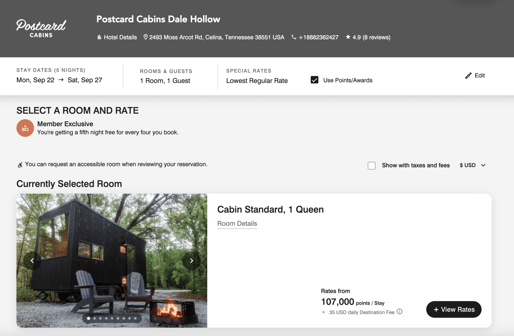 Marriott Heads Outdoors: Postcard Cabins (ex-Getaway) & Trailborn Join the Bonvoy Family 2 Example of booking Postcard Cabins Dale Hollow with points