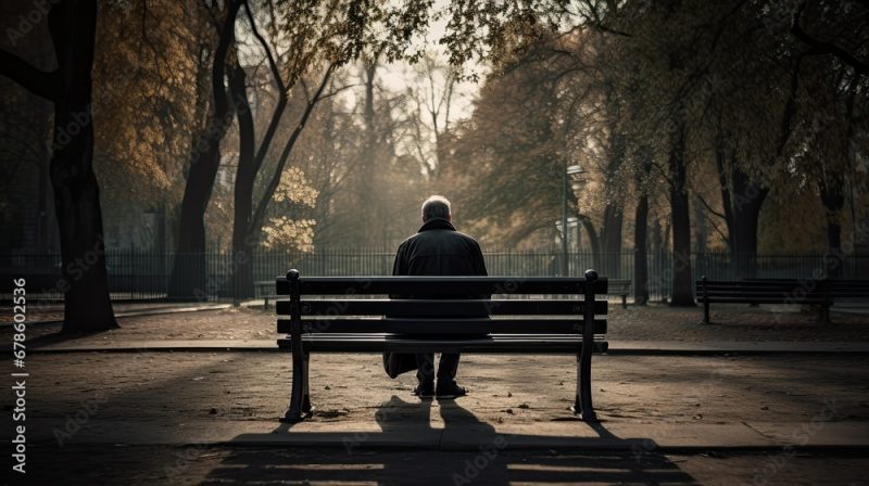 A man sits alone on a park bench.