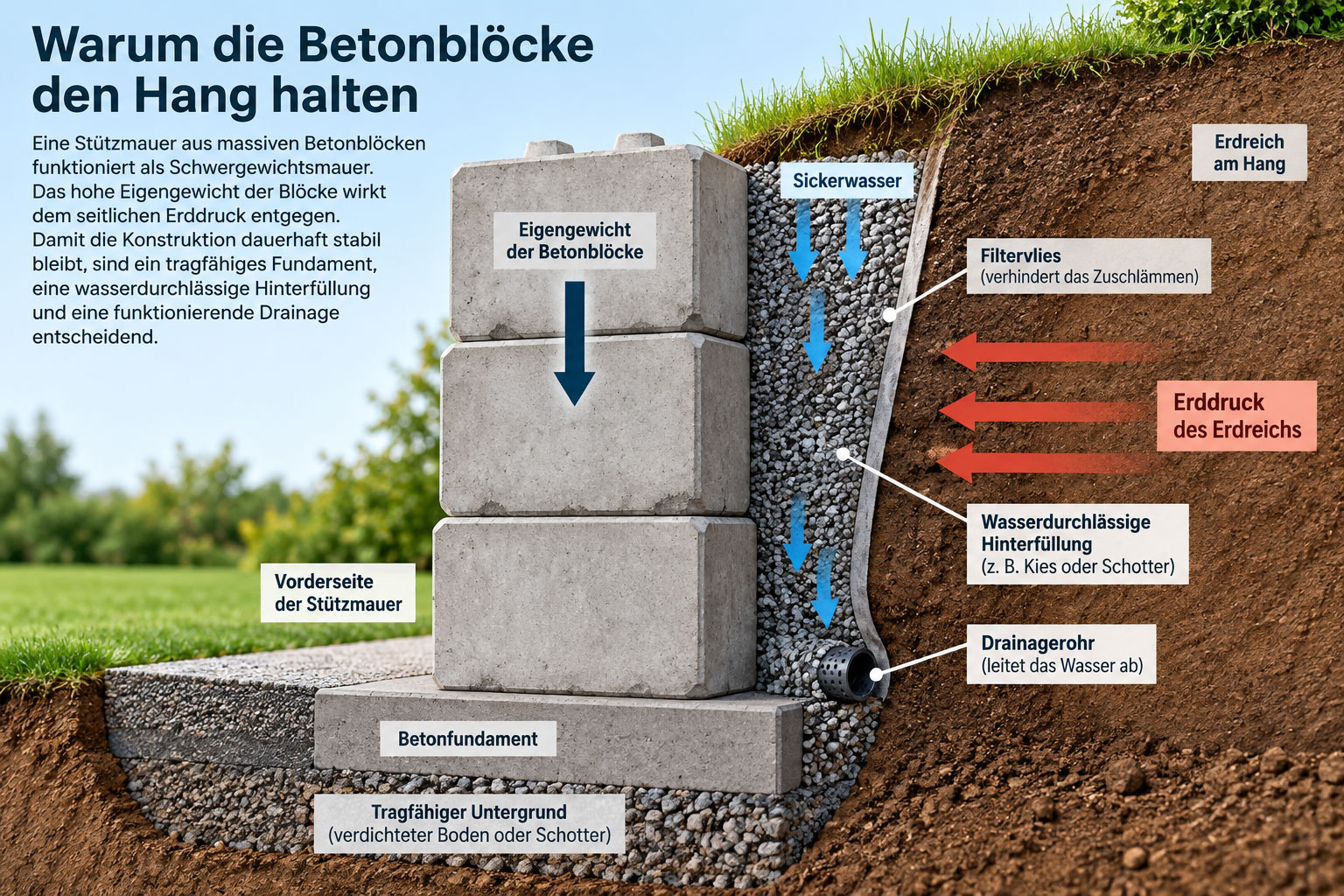 Querschnitt einer Stützmauer aus gestapelten Betonblöcken mit Erddruck, Eigengewicht, Drainage, Filtervlies und wasserdurchlässiger Hinterfüllung.