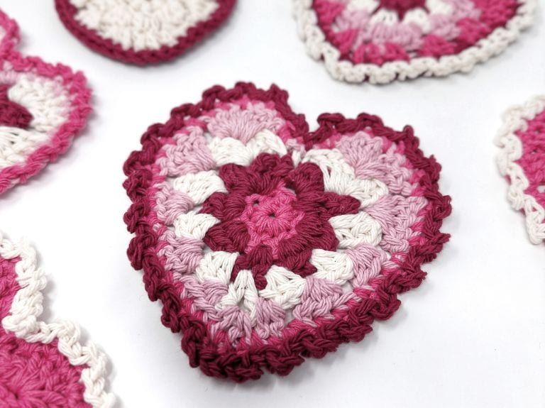 pink white and red crochet granny stitch heart