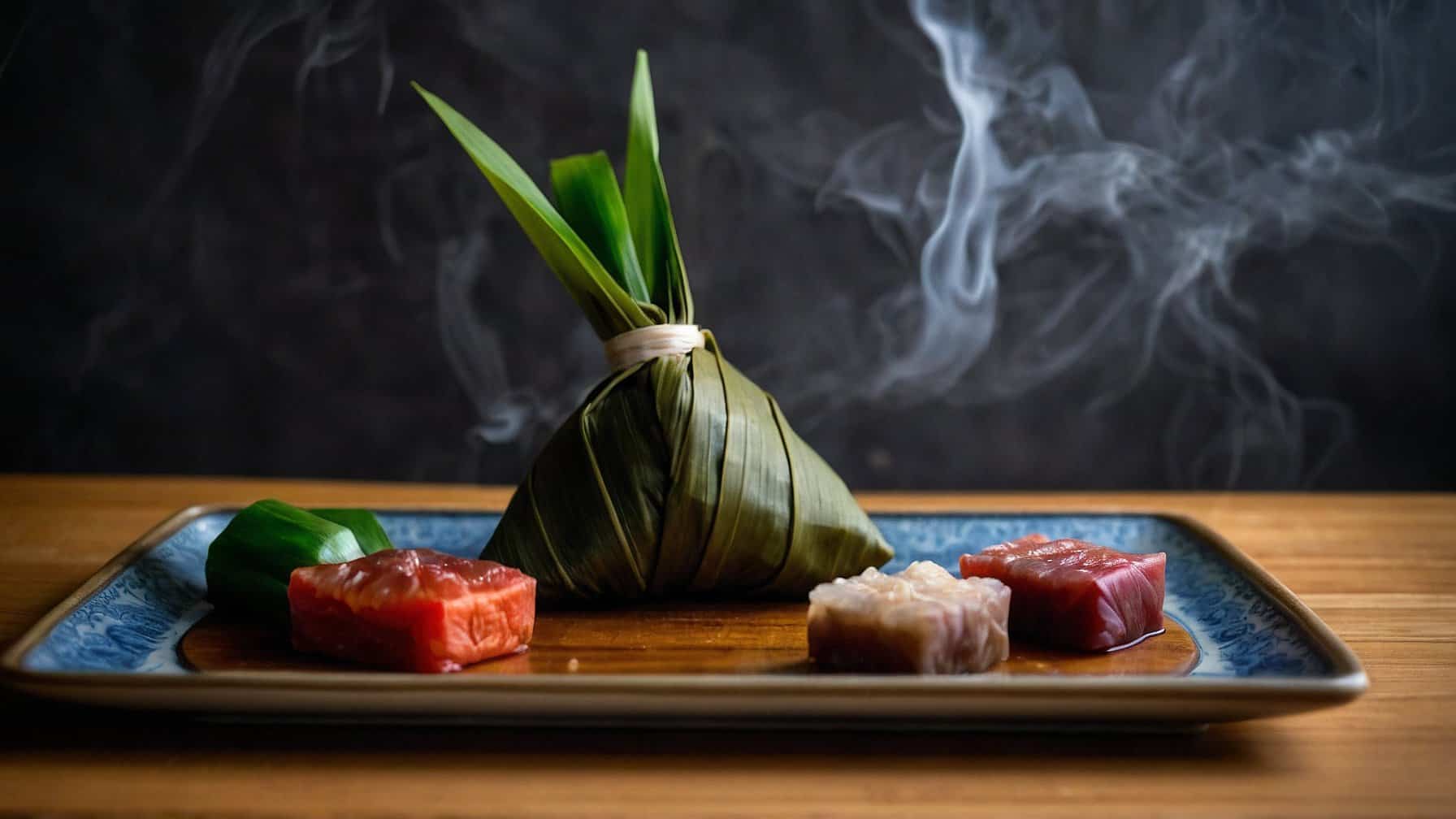 A freshly prepared zongzi wrapped in bamboo leaves bound with string, emitting steam alongside neatly cut pieces of raw fish on a ceramic plate, revealing the secrets for beginners.