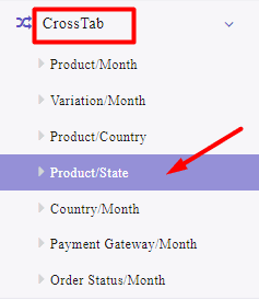 select product and state section in cross tab