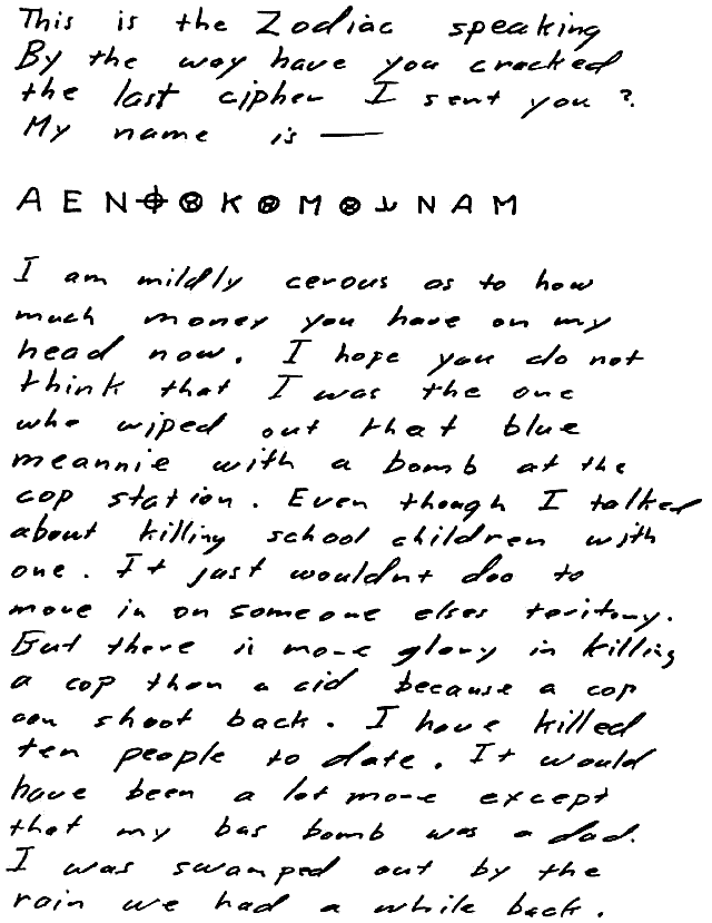 April 20 1970 Zodiac letter containing the short name cipher
