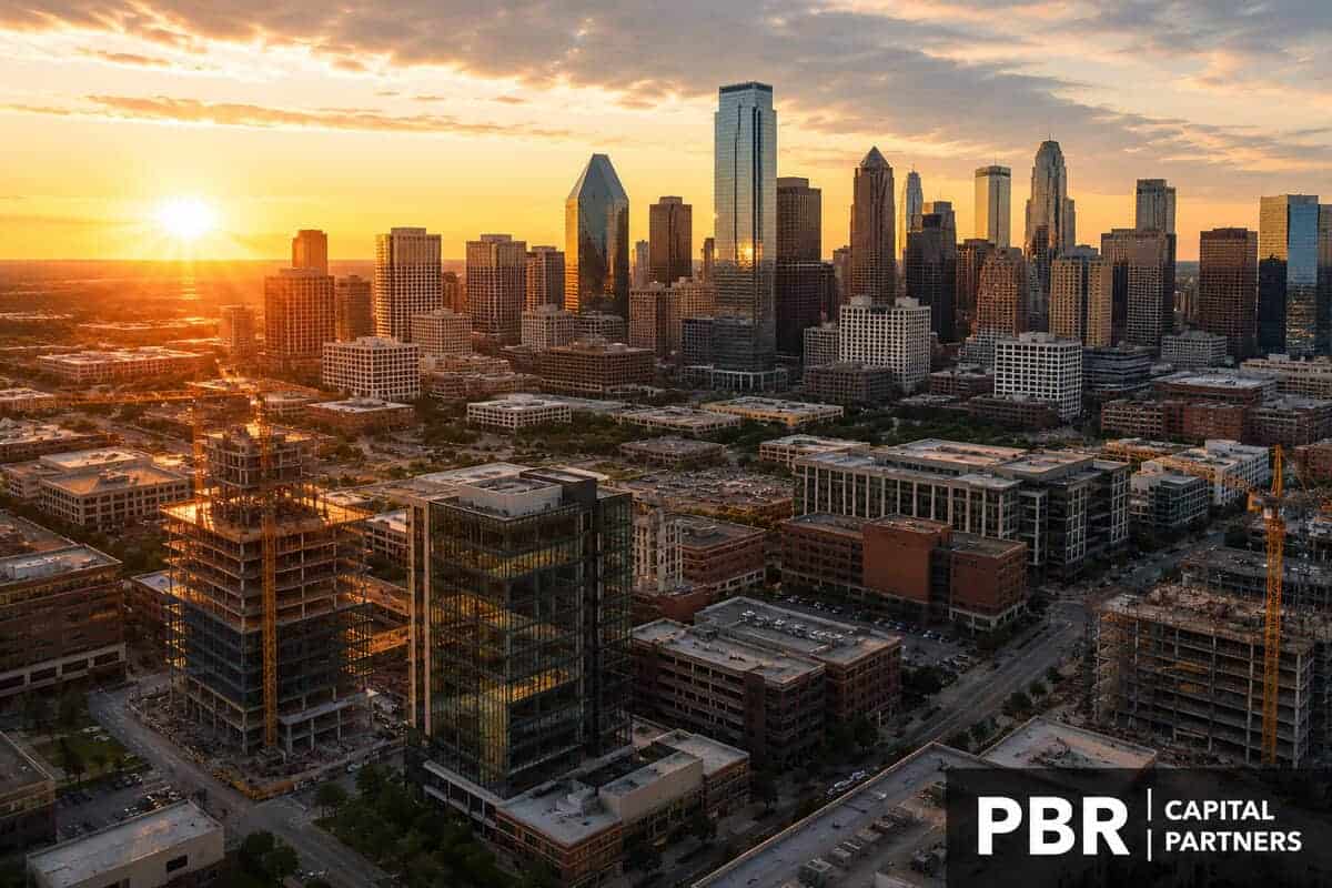 Dallas skyline at sunset with high-rise construction underway