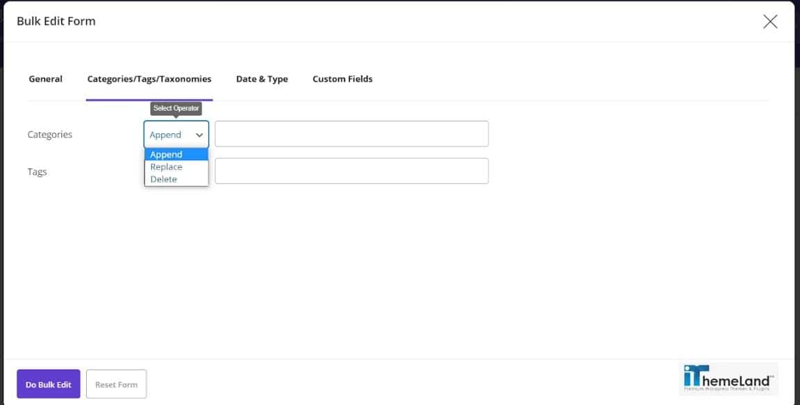 categories and tags tab in bulk edit form and condition field