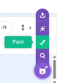 Scratch paint button interface showing sprite creation tools for custom currency label design
