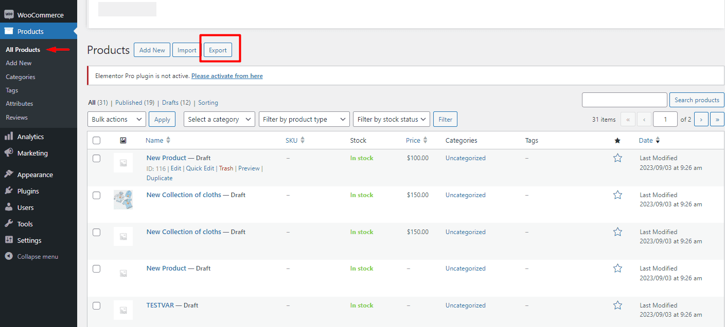 select export button-in WooCommerce all products
