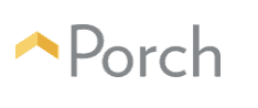 The image shows the Porch logo with a yellow-gold chevron resembling a rooftop to the left of "Porch" in gray text, evoking the fresh appeal of a crunchy dill pickle in its crisp, clean design.