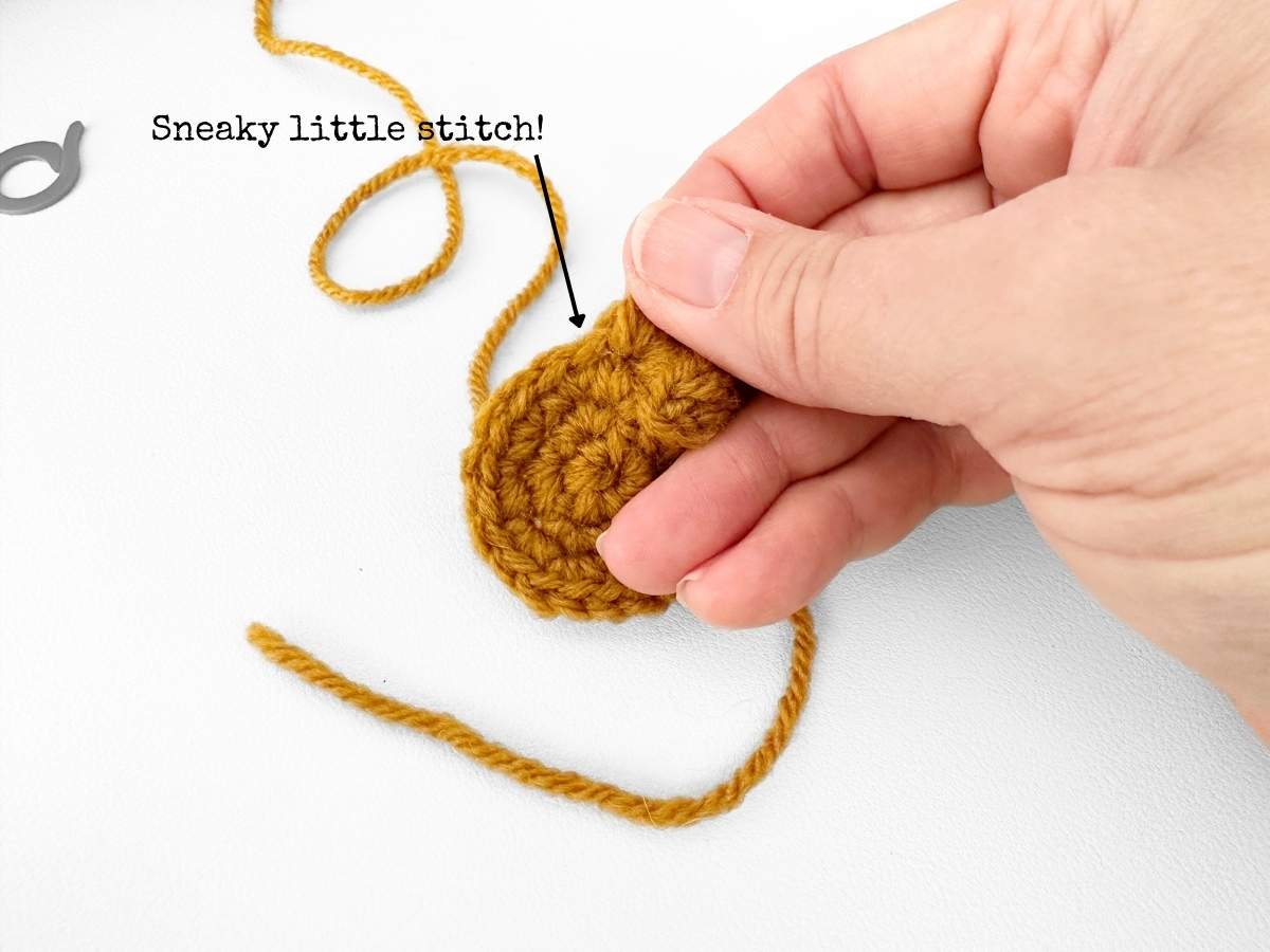 Hand holds a small, round brown crochet piece; arrow points to a stitch labeled Sneaky little stitch! on white background. Free crochet pattern