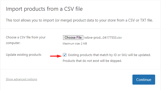 mark update existing products option in import form