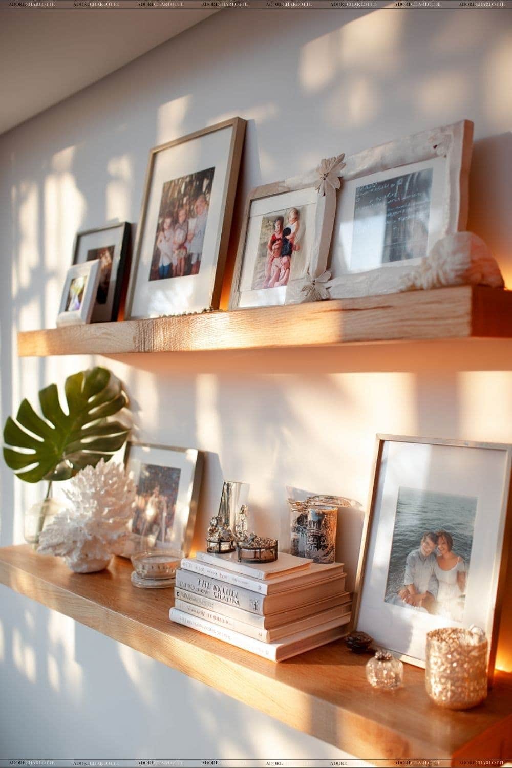 Photo frames on a shelf with Lighting for a Cosy Home